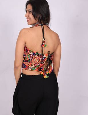 Black embroidered satin u-neck blouse 2