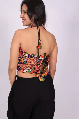 Black embroidered satin u-neck blouse