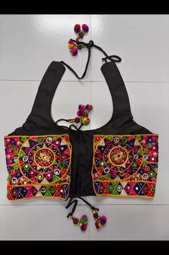 Black embroidered satin u-neck blouse