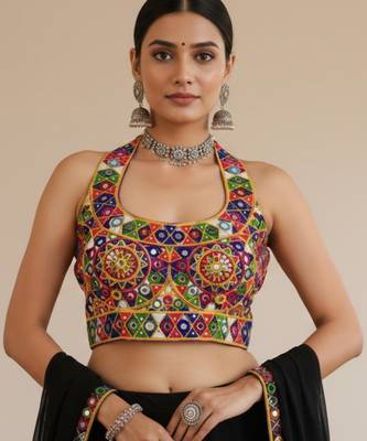 Multicolor embroidered satin u-neck blouse 1