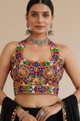 Multicolor embroidered satin u-neck blouse