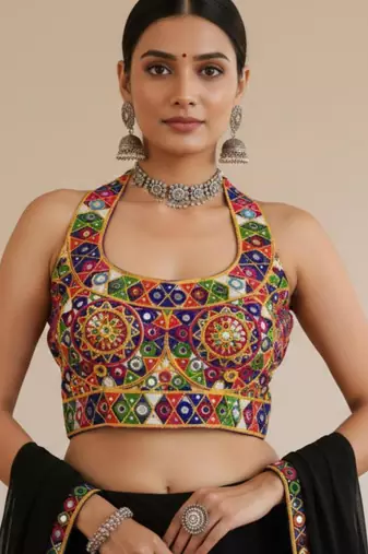 Multicolor embroidered satin u-neck blouse