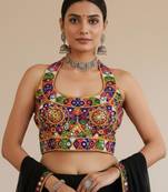 Multicolor embroidered satin u-neck blouse