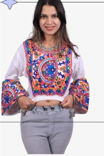 white embroidered rayon round-neck blouse free size upto 40