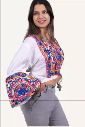 White embroidered rayon round-neck blouse