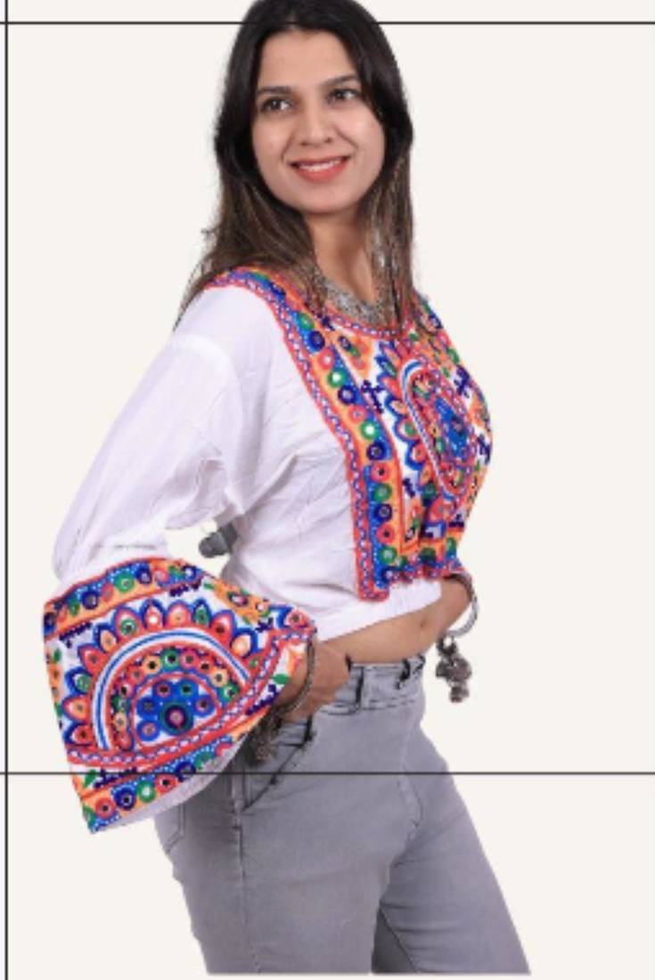 White embroidered rayon round-neck blouse
