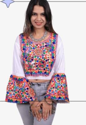 White embroidered rayon round-neck blouse 1