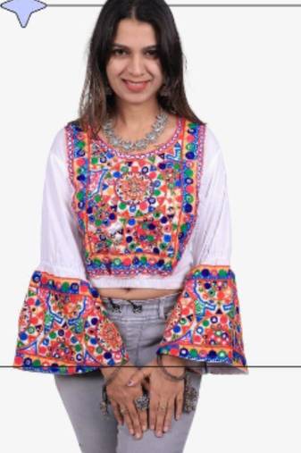 white embroidered rayon round-neck blouse free size upto 40