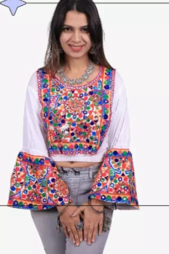White embroidered rayon round-neck blouse