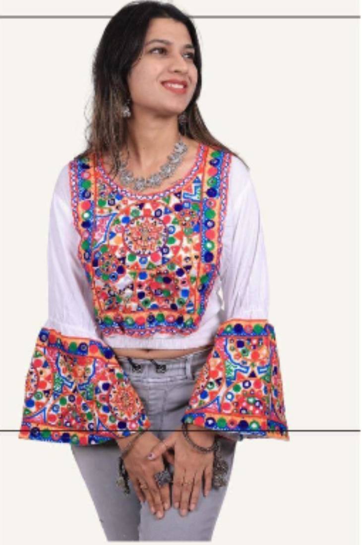 White embroidered rayon round-neck blouse