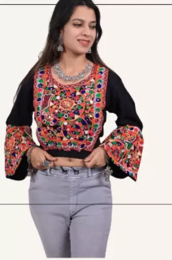 Black embroidered rayon round-neck blouse