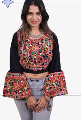 Black embroidered rayon round-neck blouse 1