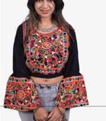 Black embroidered rayon round-neck blouse
