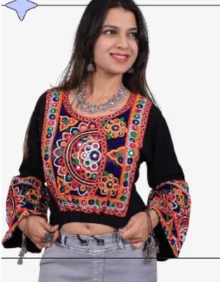 Black embroidered rayon round-neck blouse 1