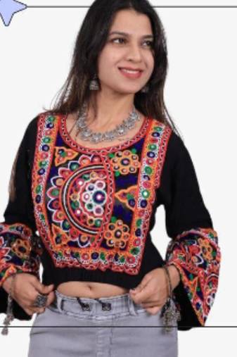 Black embroidered rayon round-neck blouse