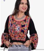 Black embroidered rayon round-neck blouse