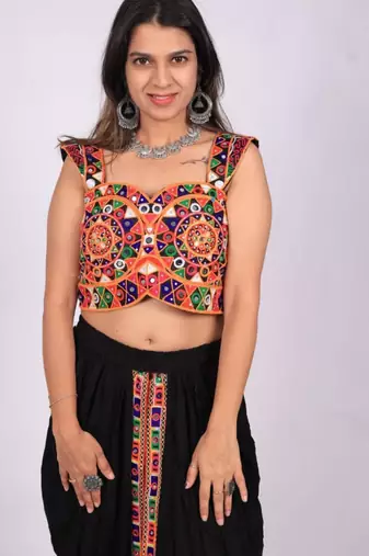 Black embroidered satin sweetheart-neck blouse