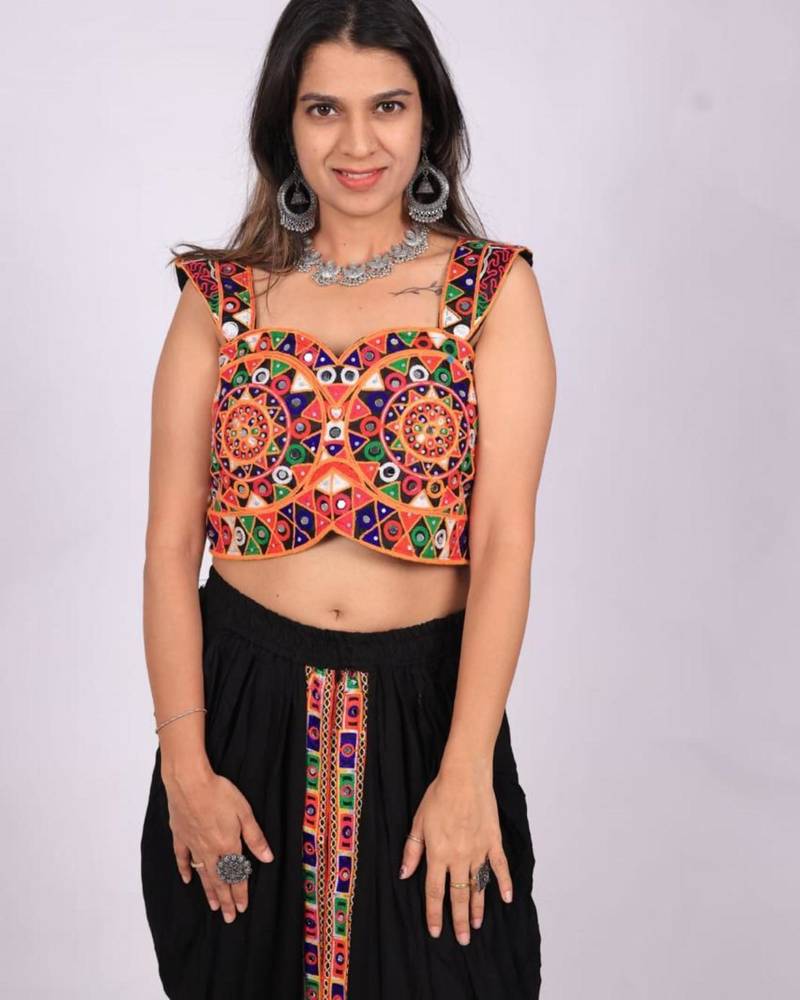 Black embroidered satin sweetheart-neck blouse