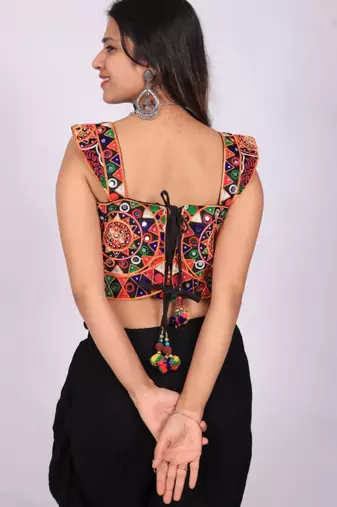 Black embroidered satin sweetheart-neck blouse