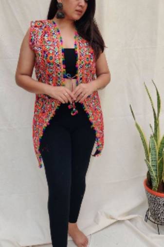 Multicolor embro embroidered cotton v-neck Jacket