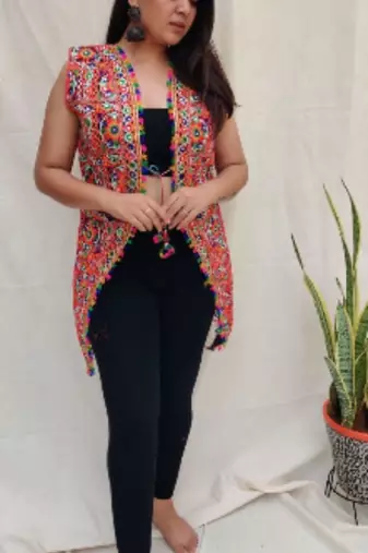 Multicolor embro embroidered cotton v-neck Jacket