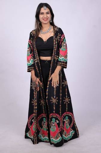 Black embroidered rayon long shrug