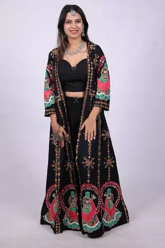 Black embroidered rayon long shrug