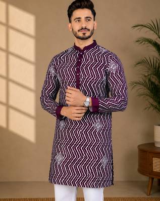 Purple color unique cross pattern white thread embroidery with silver sequence silk men's kurta payjama set 3