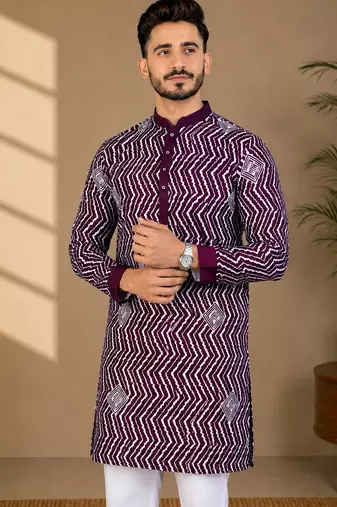 Purple color unique cross pattern white thread embroidery with silver sequence silk men's kurta payjama set
