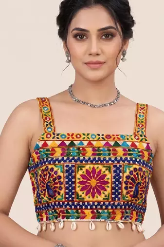 Multicolor embroidered cotton square-neck blouse