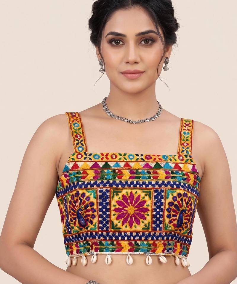 Multicolor embroidered cotton square-neck blouse