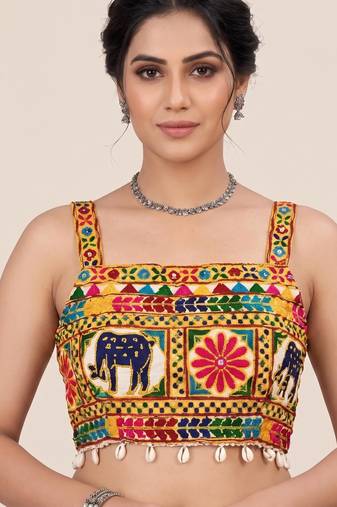 Multicolor embroidered cotton square-neck blouse
