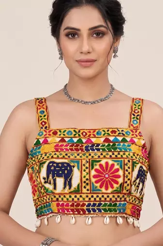 Multicolor embroidered cotton square-neck blouse