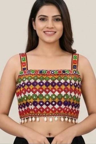 Multicolor embroidered cotton square-neck blouse