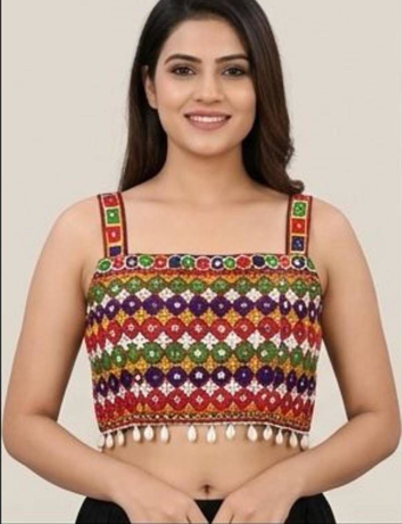 Multicolor embroidered cotton square-neck blouse