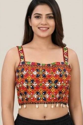 Multicolor embroidered cotton square-neck blouse