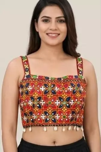 Multicolor embroidered cotton square-neck blouse