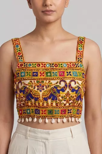 Multicolor embroidered cotton square-neck blouse