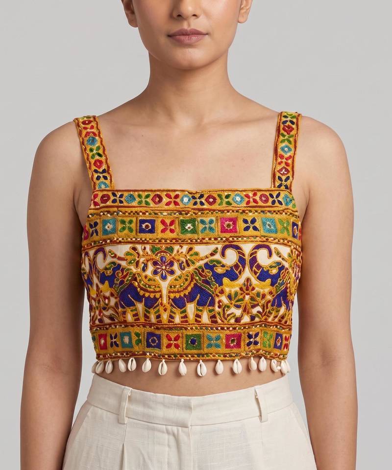 Multicolor embroidered cotton square-neck blouse