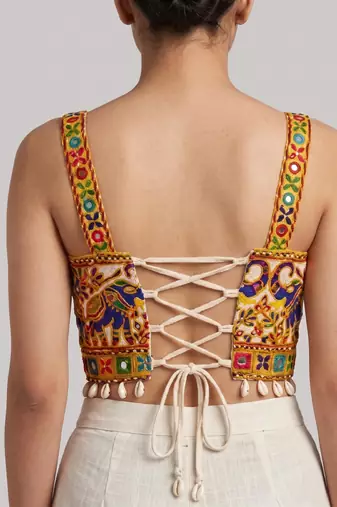 Multicolor embroidered cotton square-neck blouse
