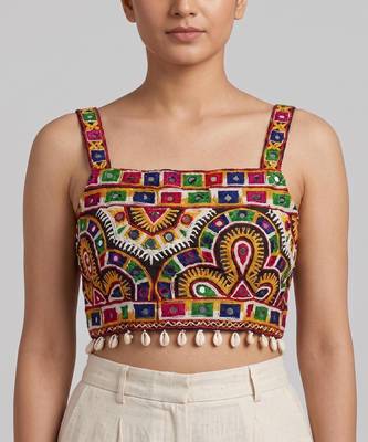 Multicolor embroidered cotton square-neck blouse 1