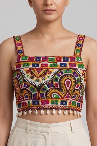 Multicolor embroidered cotton square-neck blouse