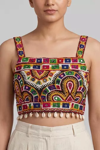 Multicolor embroidered cotton square-neck blouse