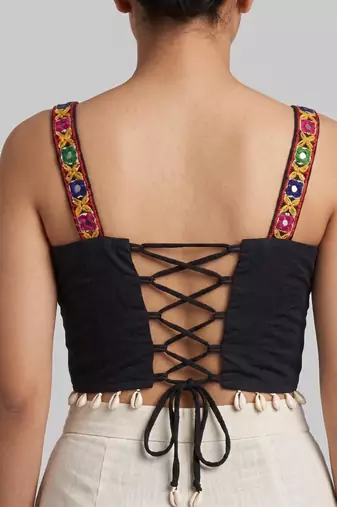 Multicolor embroidered cotton square-neck blouse