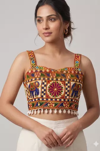 Multicolor embroidered cotton square-neck blouse