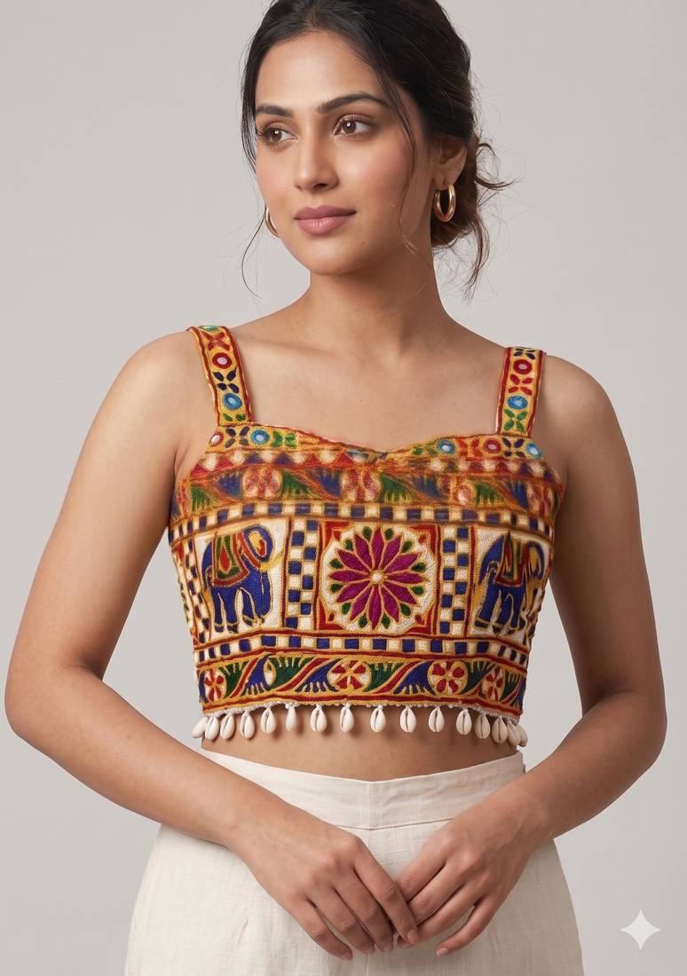Multicolor embroidered cotton square-neck blouse