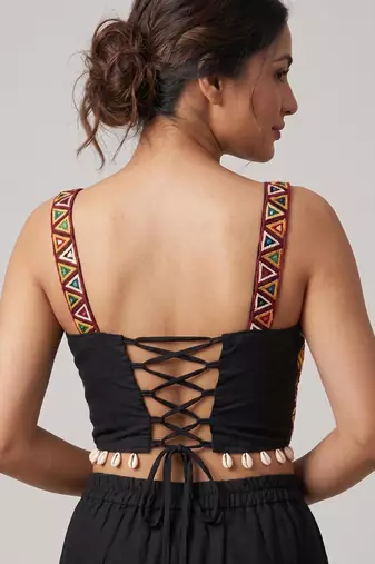Multicolor embroidered cotton square-neck blouse