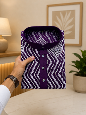 Purple color unique cross pattern white thread embroidery with silver sequence silk men's kurta payjama set 4