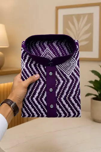 Purple color unique cross pattern white thread embroidery with silver sequence silk men's kurta payjama set