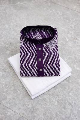 Purple color unique cross pattern white thread embroidery with silver sequence silk men's kurta payjama set 5